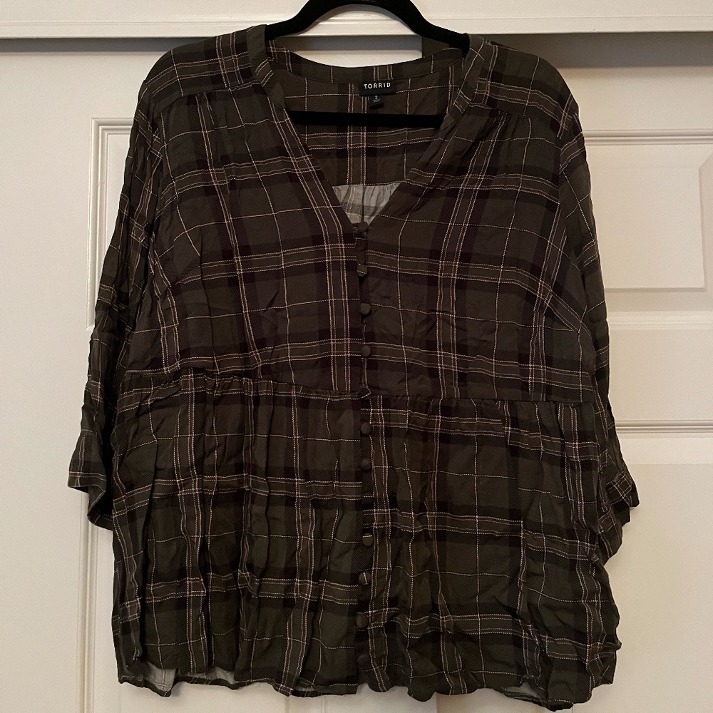 TORRID | Dark Green Button Up Fit & Flare Plaid Blouse